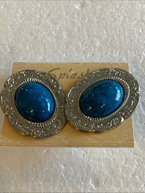 Splash Faux Turquoise Blue Stone Silver-Tone Clip Earrings large